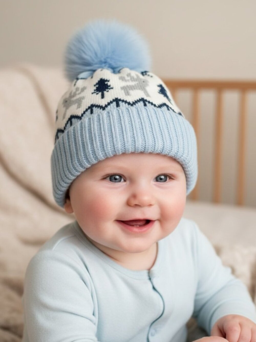 Toddler Winter Beanie Hat Fair Isle Deer Tree Pattern Faux Fur Pom Pom